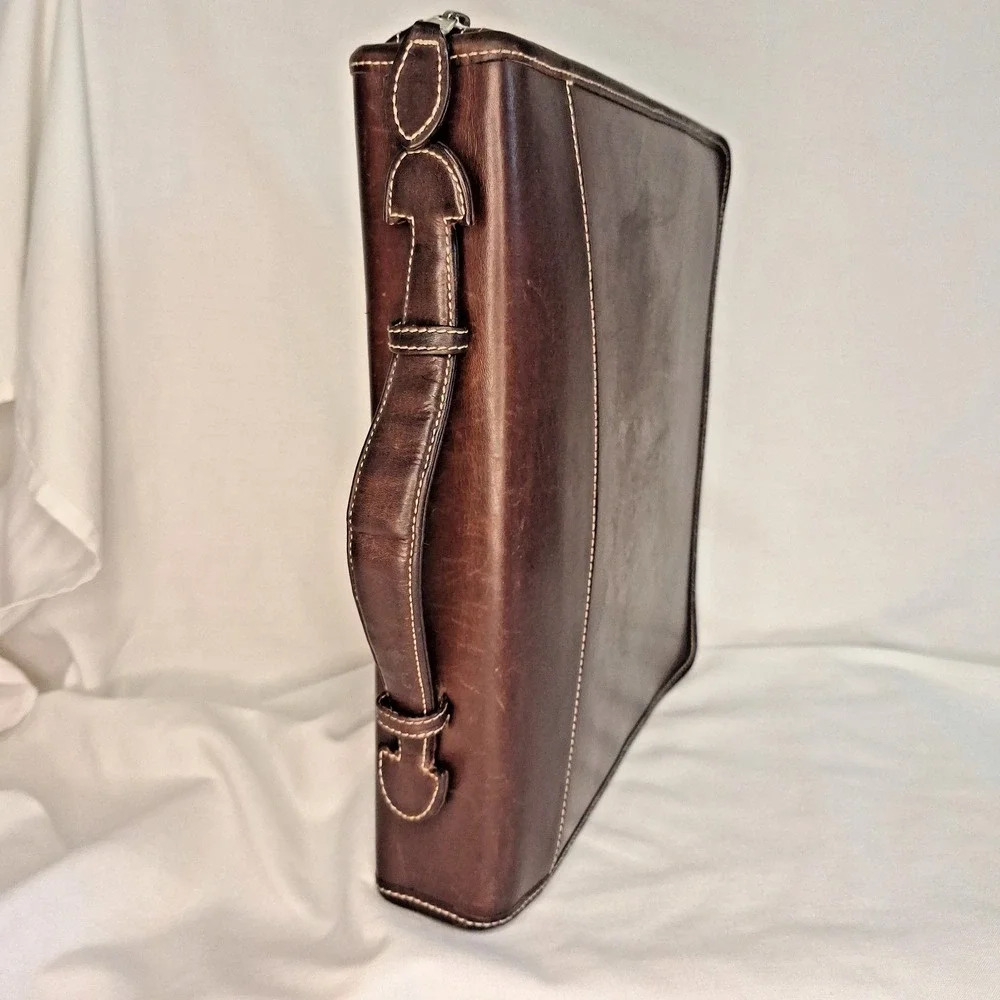 Franklin Covey 7 Ring Brown Leather Carry Handle Full Zip Briefcase Binder 3744